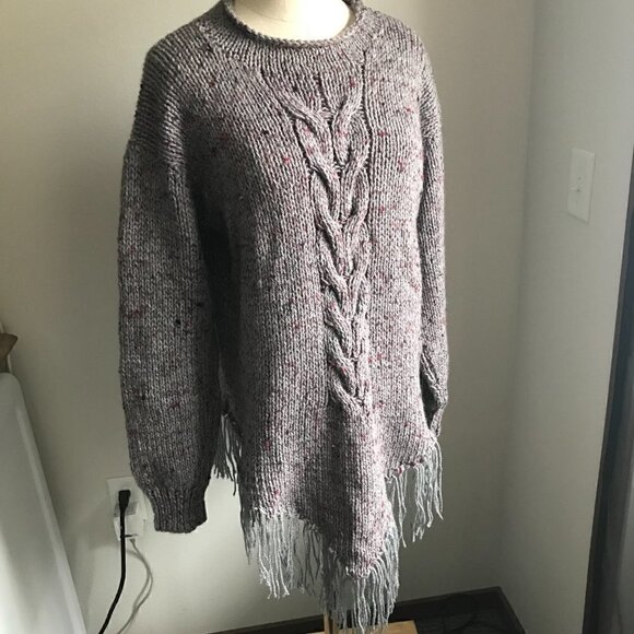 Handknit Gray and Maroon Wool Cable Knit Long Line Fringe Sweater Size M - Picture 2 of 6